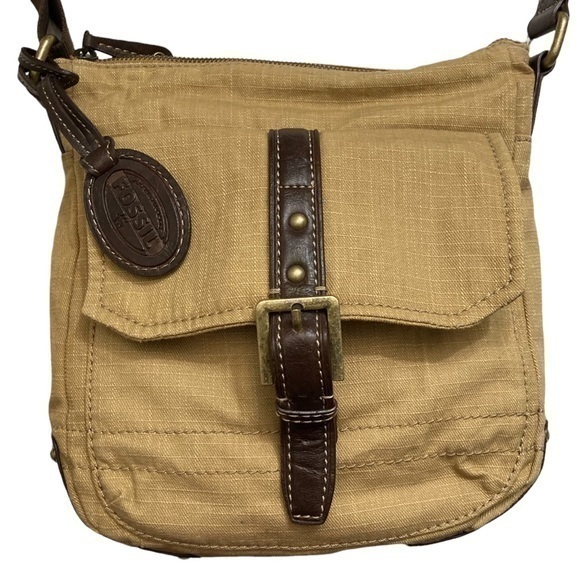 Fossil tan canvas messenger crossbody Bag unisex